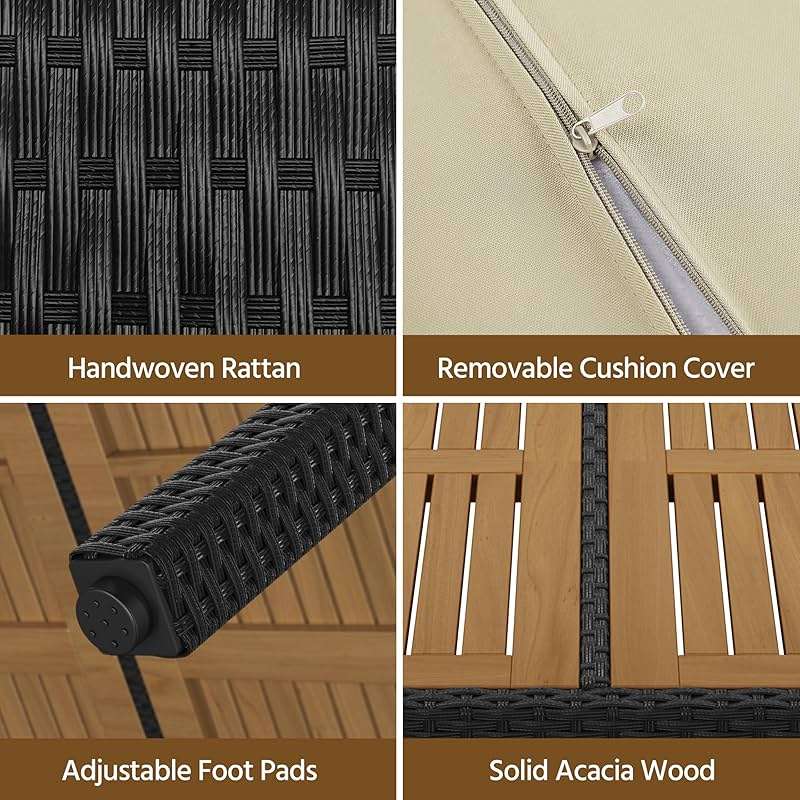 Yaheetech 7 Piece Patio Furniture Set, Outdoor Dining Acacia Wood Table Top Rattan Conversation Set with Soft Cushions, 6 Chairs & 1 Table for Backyard, Deck, Garden & Yard, Black/Beige - Image 6