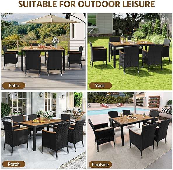 Yaheetech 7 Piece Patio Furniture Set, Outdoor Dining Acacia Wood Table Top Rattan Conversation Set with Soft Cushions, 6 Chairs & 1 Table for Backyard, Deck, Garden & Yard, Black/Beige - Image 8