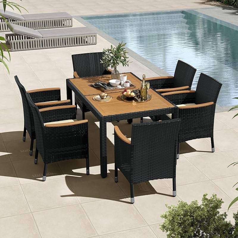 Yaheetech 7 Piece Patio Furniture Set, Outdoor Dining Acacia Wood Table Top Rattan Conversation Set with Soft Cushions, 6 Chairs & 1 Table for Backyard, Deck, Garden & Yard, Black/Beige - Image 9