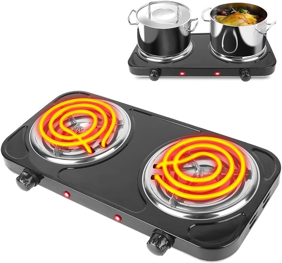 TeqHome Hot Plate, 2000W Portable Electric Stove for Cooking with 5 Levels Adjustable Temperature & Dual Control,Countertop Double Coil Burner Cast Iron Cooktop for All Cookwares Home Camp RV (Black) - Product Image