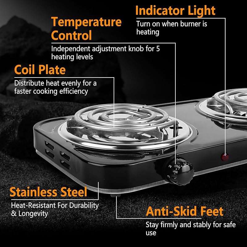 TeqHome Hot Plate, 2000W Portable Electric Stove for Cooking with 5 Levels Adjustable Temperature & Dual Control,Countertop Double Coil Burner Cast Iron Cooktop for All Cookwares Home Camp RV (Black) - Image 5