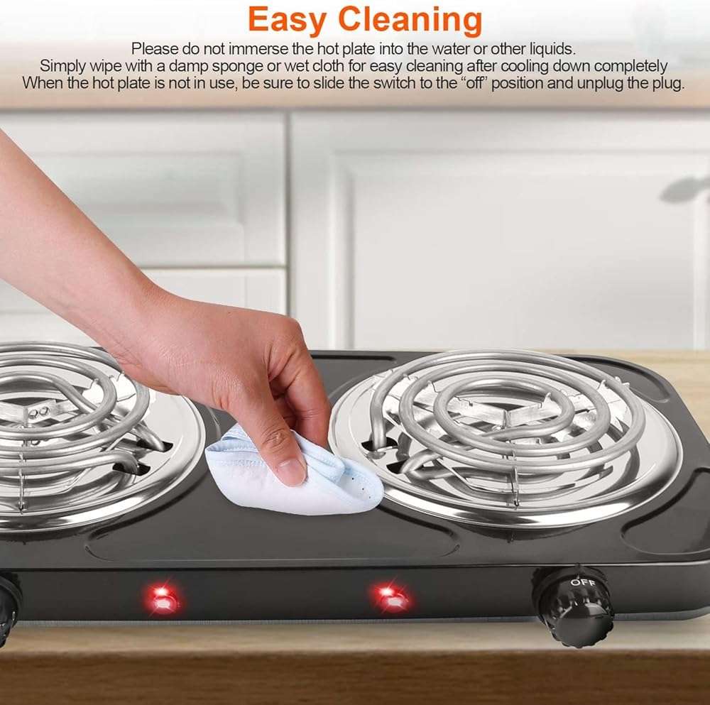 TeqHome Hot Plate, 2000W Portable Electric Stove for Cooking with 5 Levels Adjustable Temperature & Dual Control,Countertop Double Coil Burner Cast Iron Cooktop for All Cookwares Home Camp RV (Black) - Image 8